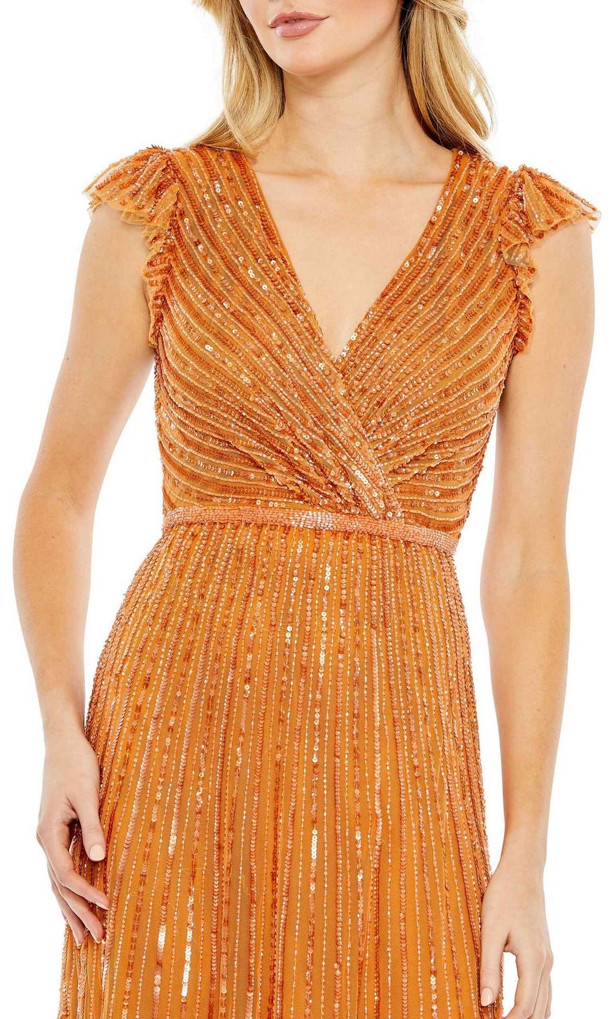 A woman wears the Mac Duggal 5585 Cap-Sleeve Midi Party Dress, a semi-formal orange design with shimmering beaded stripes and ruffled shoulder details.